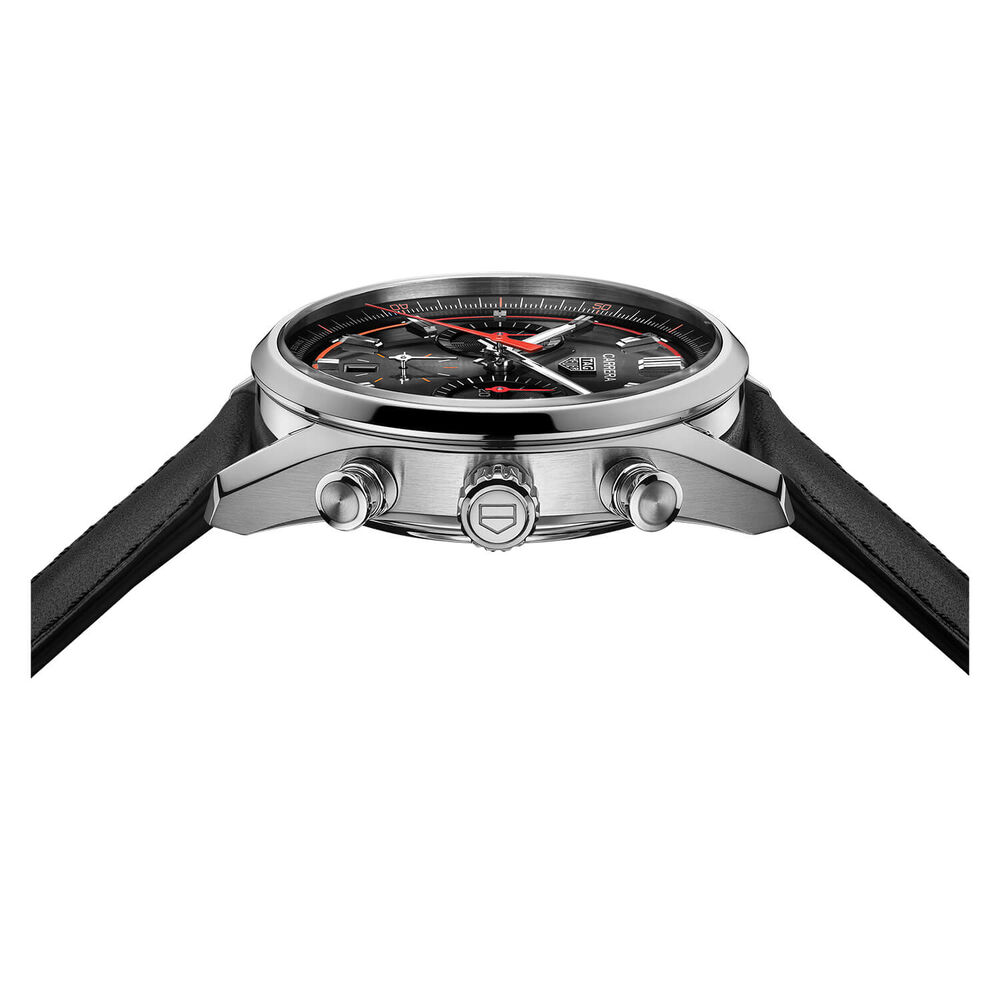 TAG Heuer Carrera Chronograph 42mm Black Dial Red Details Leather Strap Watch image number 3