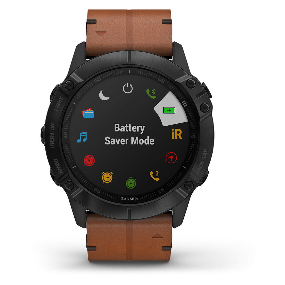 Garmin Fenix 6X Sapphire Black DLC Chestnut Leather Band Smartwatch image number 5