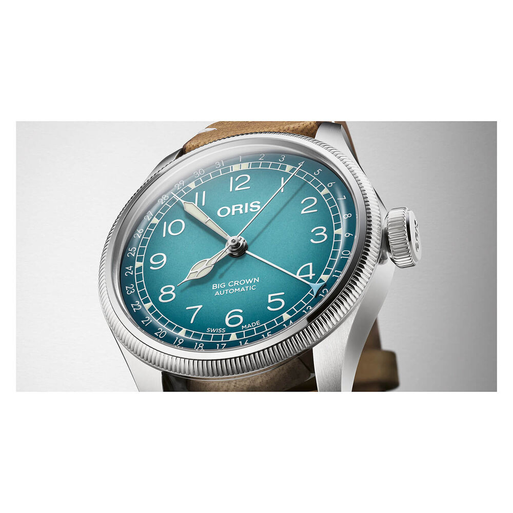 Oris Big Crown 38mm Light Blue Dial Steel Case Tan Strap Watch image number 3