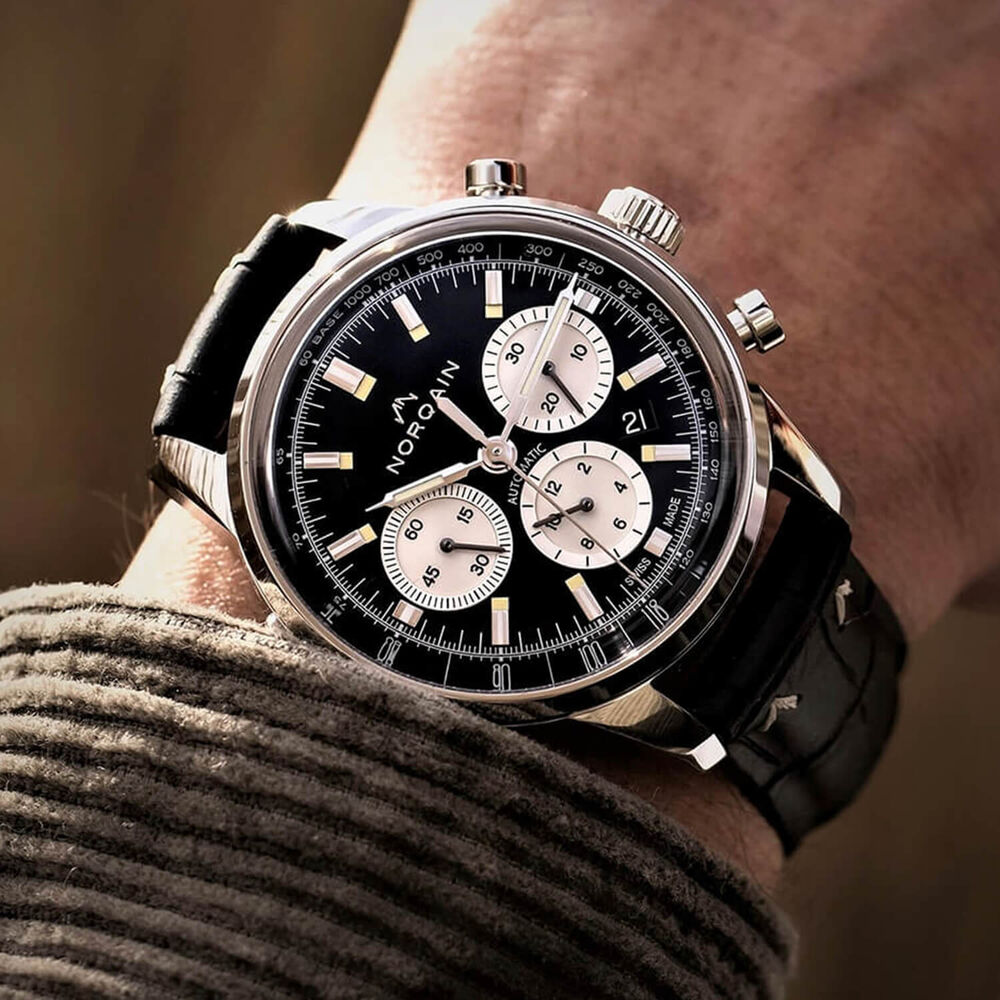 NORQAIN Freedom 60 Chronograph 43mm Black Dial & Silver Counters Perlon Rubber Strap Watch