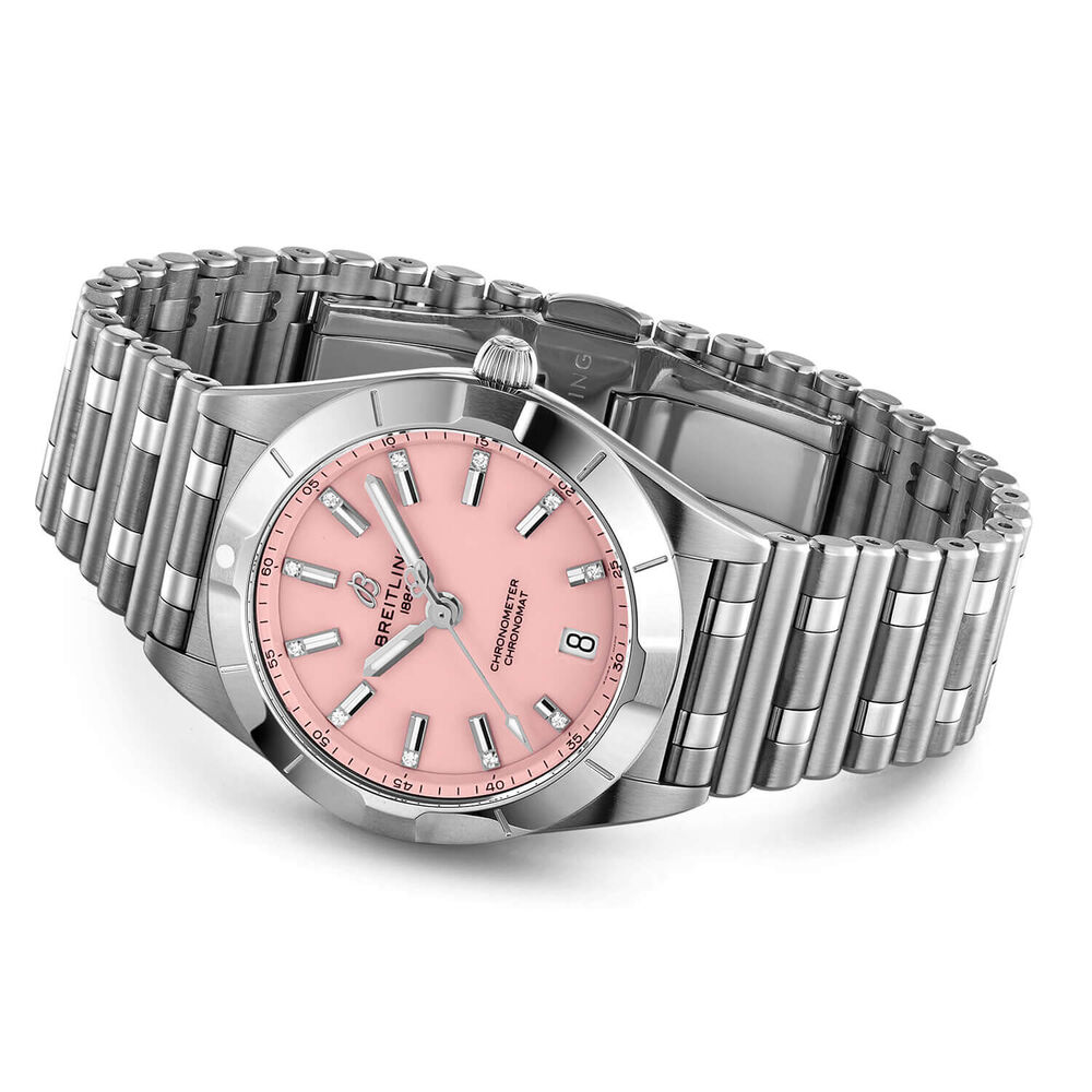 Breitling Chronomat 32mm Pink Dial Steel Case Bracelet Watch at  