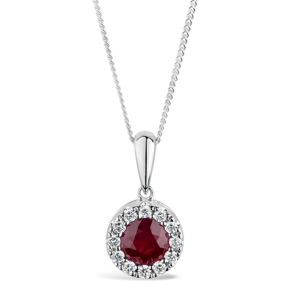9ct White Gold Ruby and 0.12ct Diamond Halo Pendant image number 0