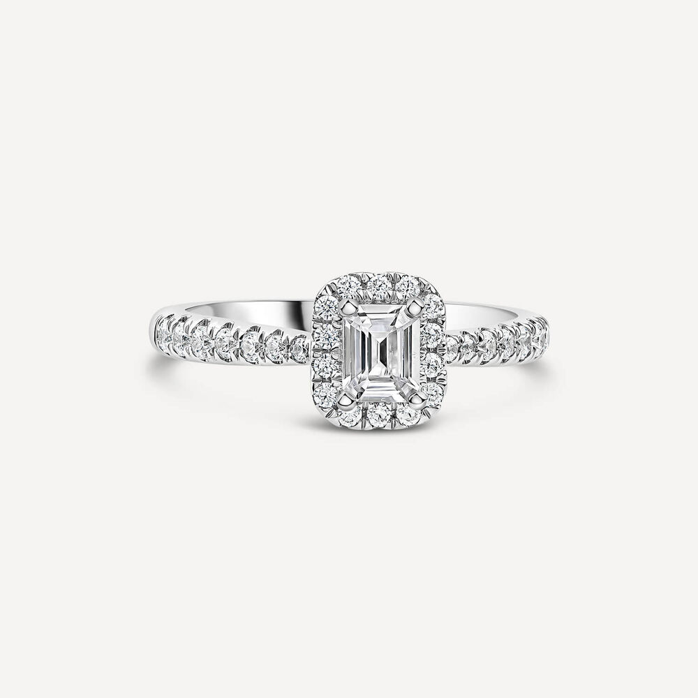 The Orchid Setting 18ct White Gold 0.75ct Emerald Cut Halo Diamond Ring image number 2