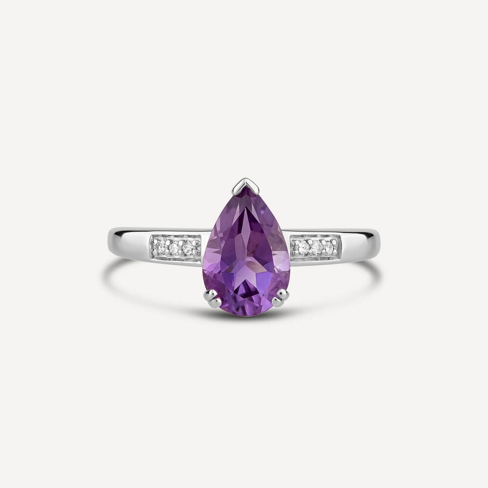 9ct White Gold Amethyst Pear and Diamond Ring image number 1
