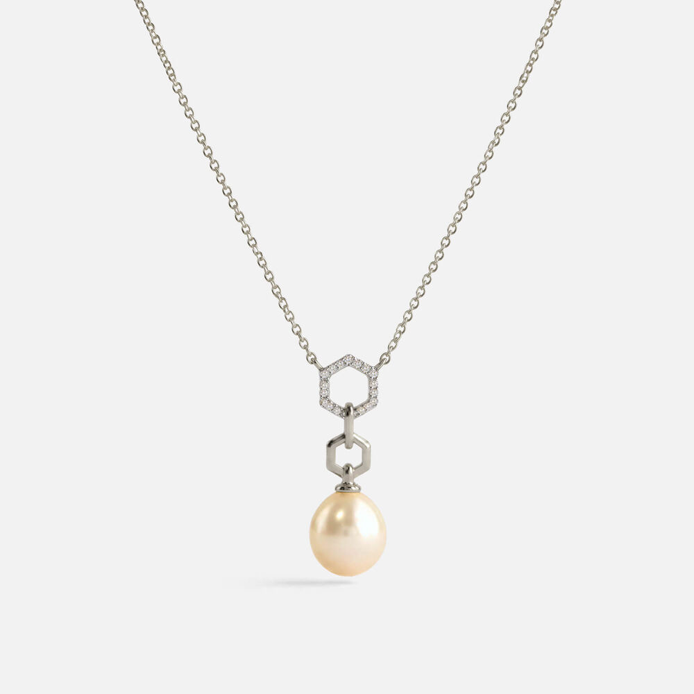 9ct White Gold Freshwater Pearl Diamond Hexagon Top Pendant