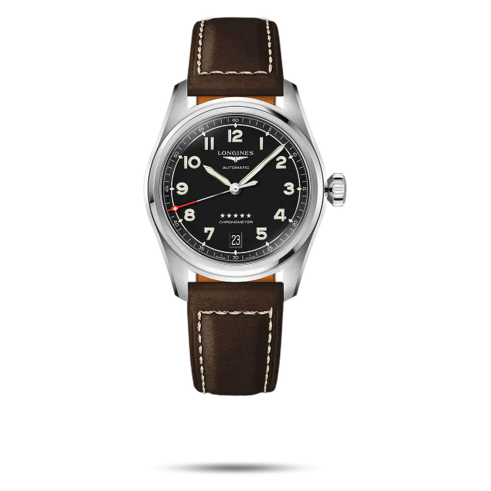 Longines Spirit 37mm Automatic Black Dial Steel Case Brown Leather Strap Watch