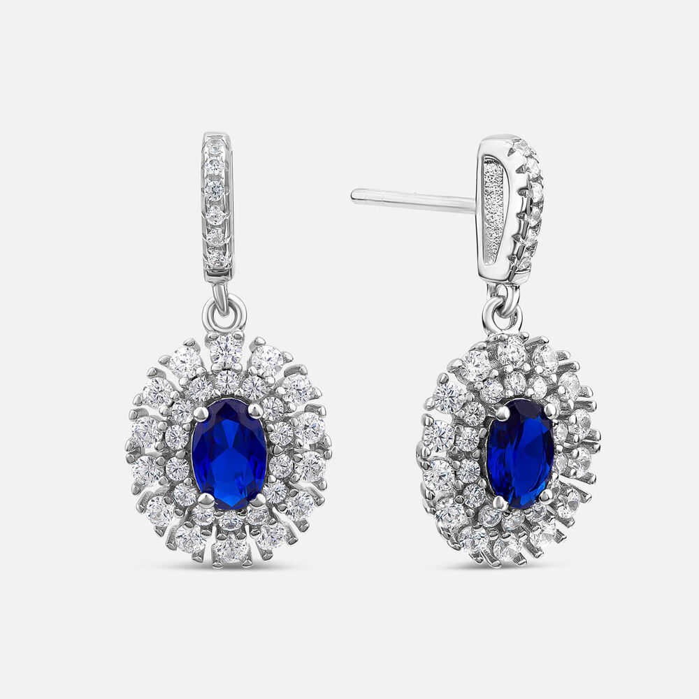 Sterling Silver Blue & White Cubic Zirconia Double Halo Drop Earrings