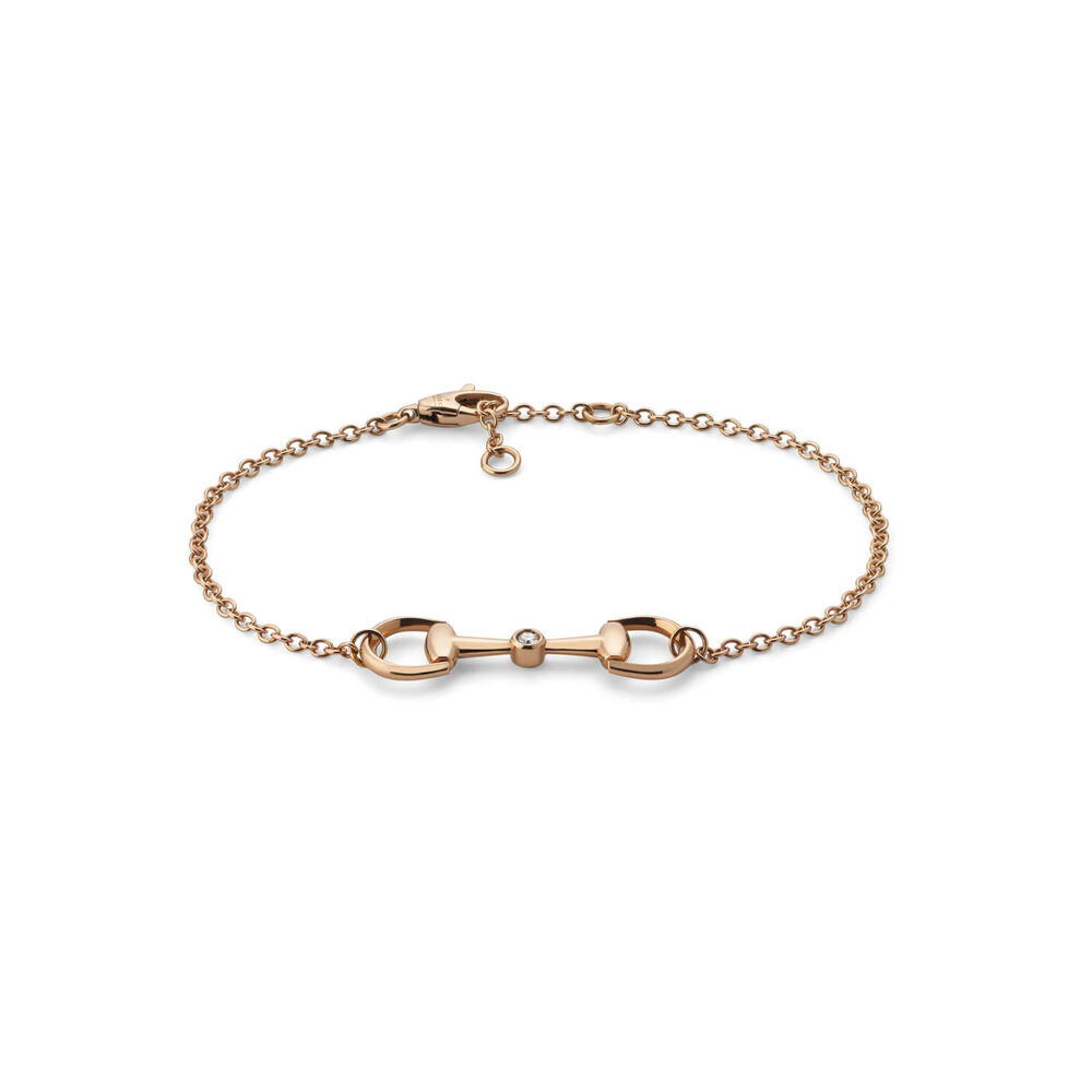 Gucci Horsebit 18k Rose Gold 0.03ct Diamond Pendant Chain Bracelet (Size M, 6.7")