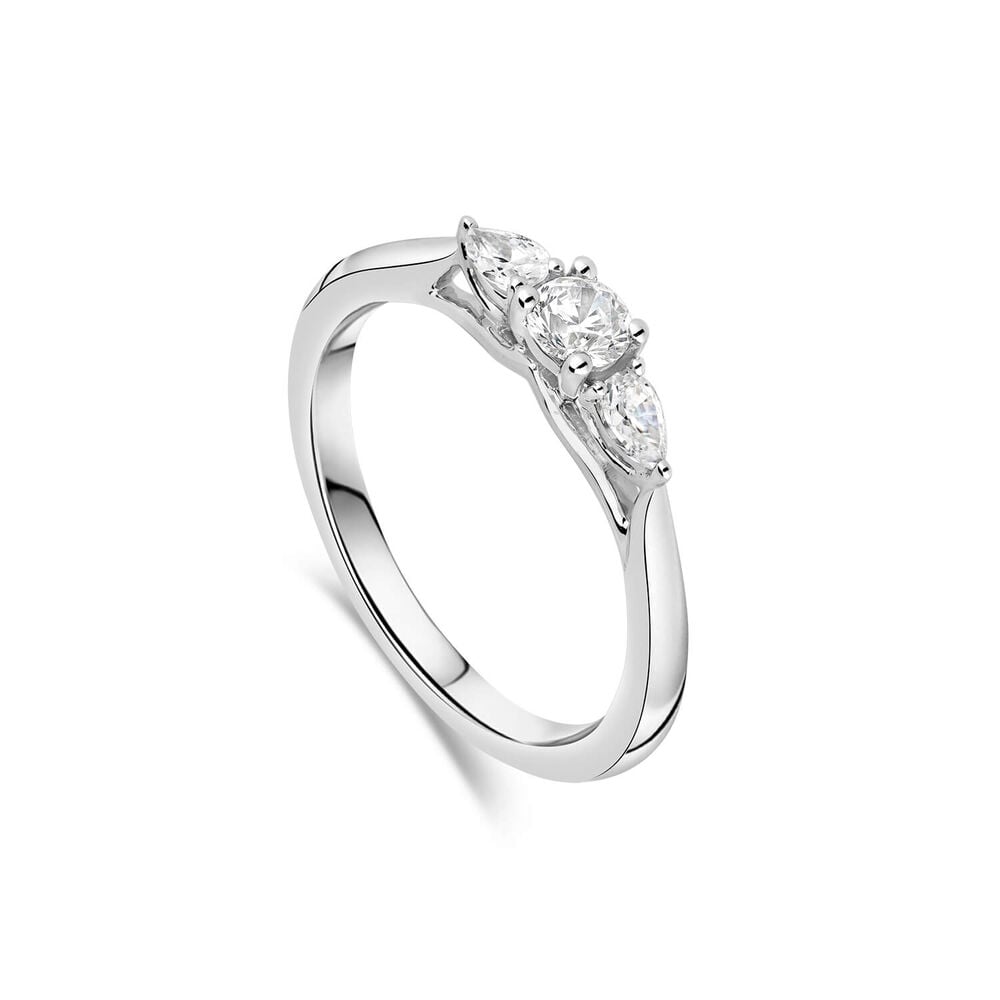 18ct White Gold Orchid Setting Three Stone Round 0.33ct Pear Diamond Ring