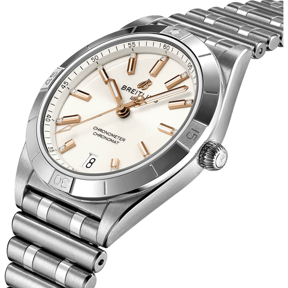 Breitling Chronomat 36mm White Rose Gold Diamond Steel Case Watch