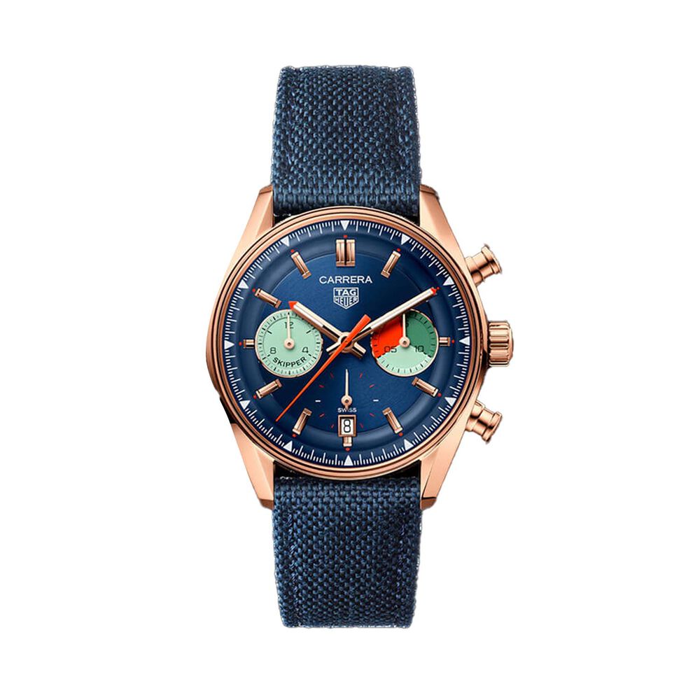 TAG Heuer Carrera Chronograph Skipper 39mm Blue Dial 18k Rose Gold Case Fabric Strap Watch image number 0