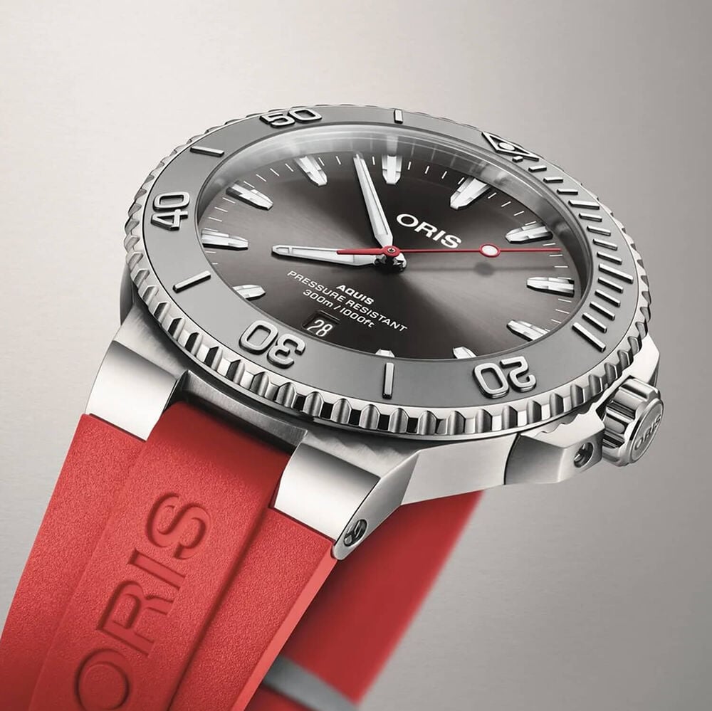 Oris Aquis Date Relief 43.5mm Grey Dial Red Rubber Strap Watch image number 1