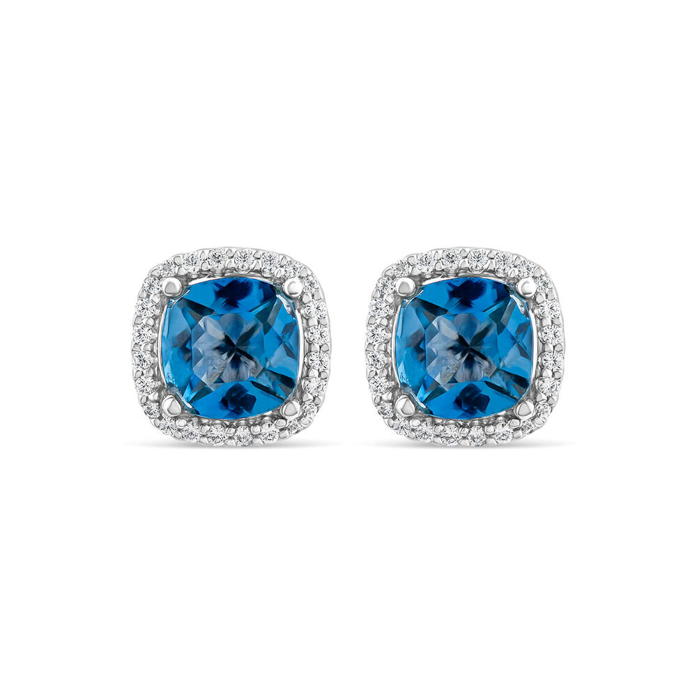 9ct White Gold Cushion London Blue Topaz & 0.15ct Diamond Stud Earrings image number 0