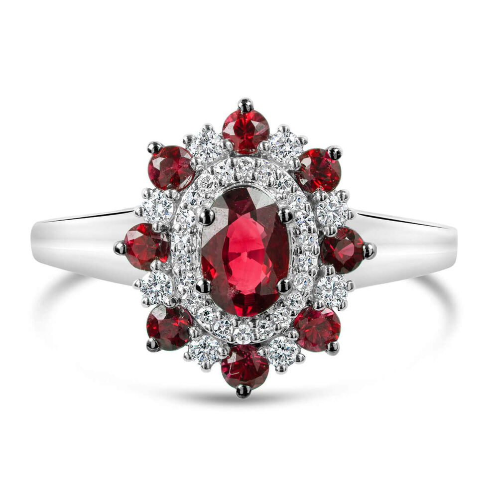 9ct White Gold Diamond and Ruby Floral Cluster Ring image number 1