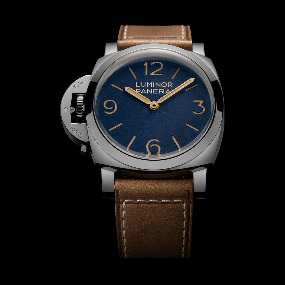 Panerai Luminor Destro 44mm Blue Dial Light Brown Leather Strap Watch