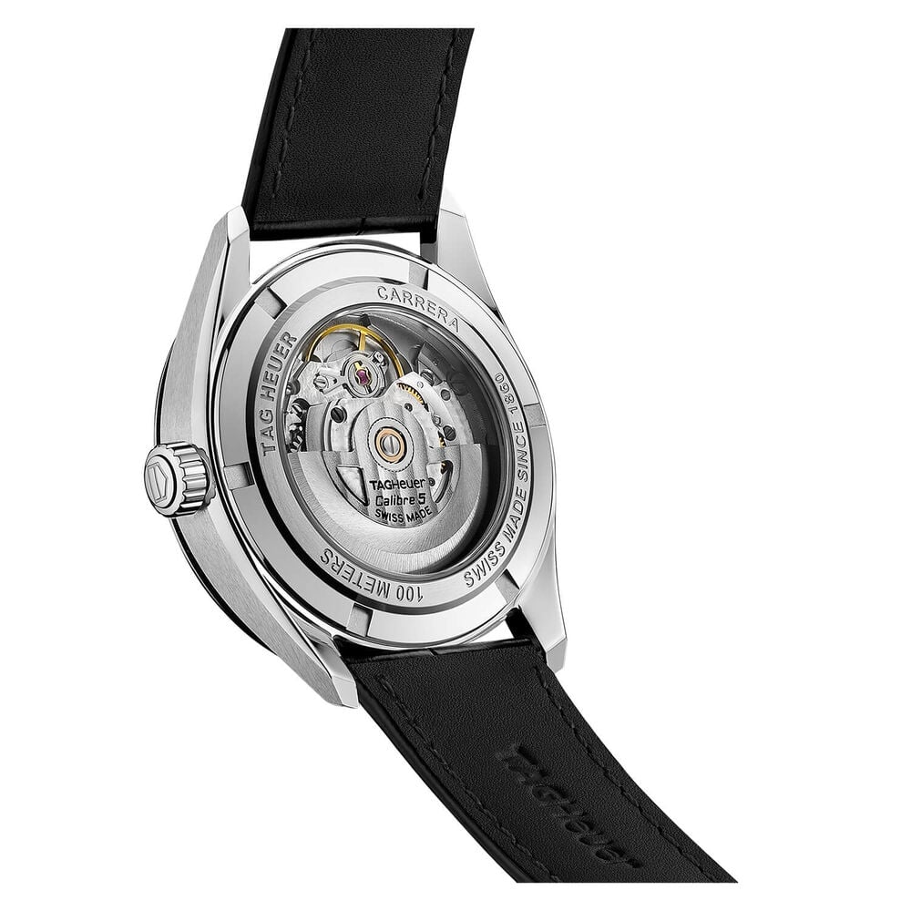 TAG Heuer Carrera Date Automatic 39mm Silver Dial Steel Case Black Leather Strap Watch image number 5