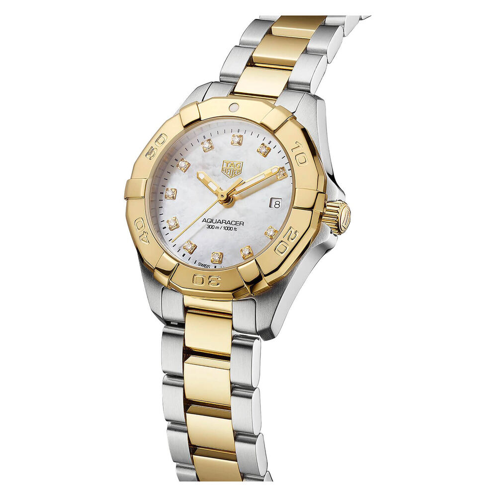 TAG Heuer Aquaracer Date 27mm MOP Dial Diamond Dots 18k Gold Plated & Steel Bracelet Watch image number 2