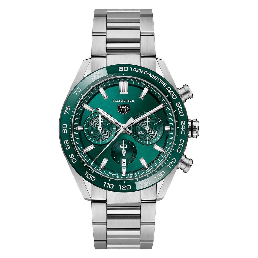 TAG Heuer Carrera 44mm Green Chronograph Dial Steel Case & Bracelet Watch image number 0