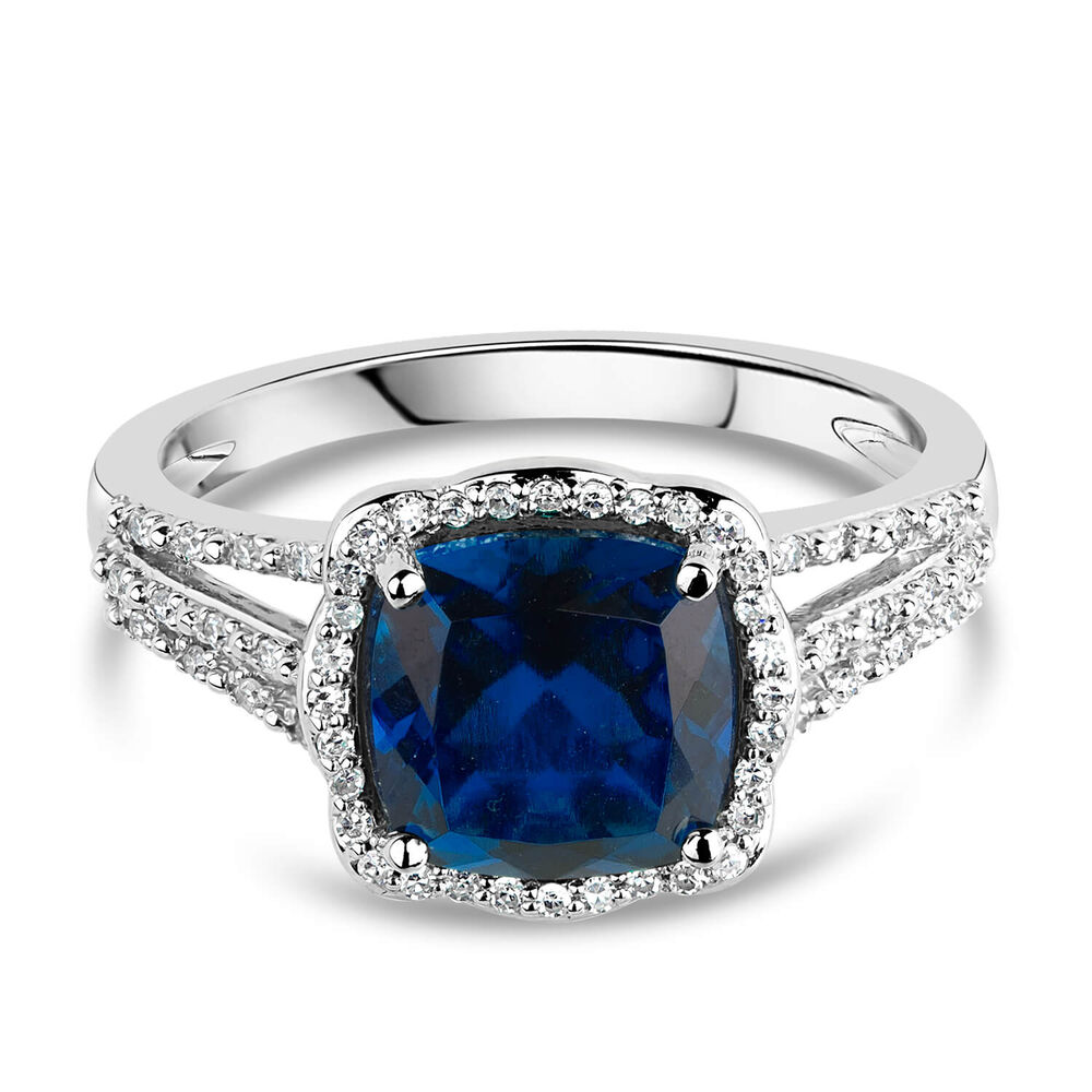 9ct White Gold 0.15ct Diamond and Created Sapphire Halo Ring image number 4