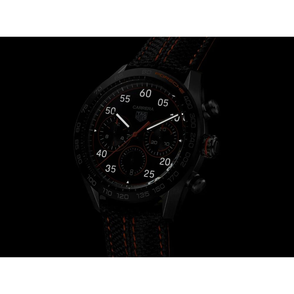 TAG Heuer Carrera Chronograph x Porsche Orange Racing 44mm Black Dial Leather Strap Watch image number 5