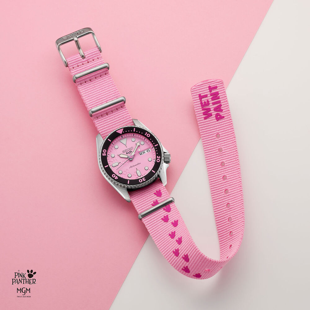 Seiko 5 Sports x Pink Panther Limited Edition 38mm Pink Dial Steel Bracelet Watch image number 8
