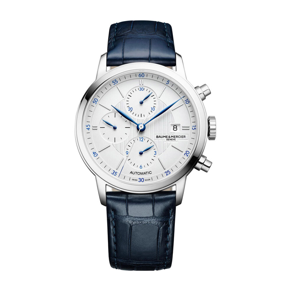 Pre-Owned Baume & Mercier Classima Chronograph 42mm White Dial Blue Leather Strap Watch