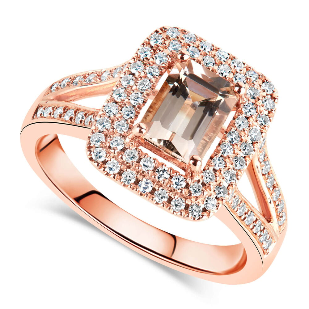 9ct Rose Gold Diamond and Morganite Emerald Cut Ring image number 0