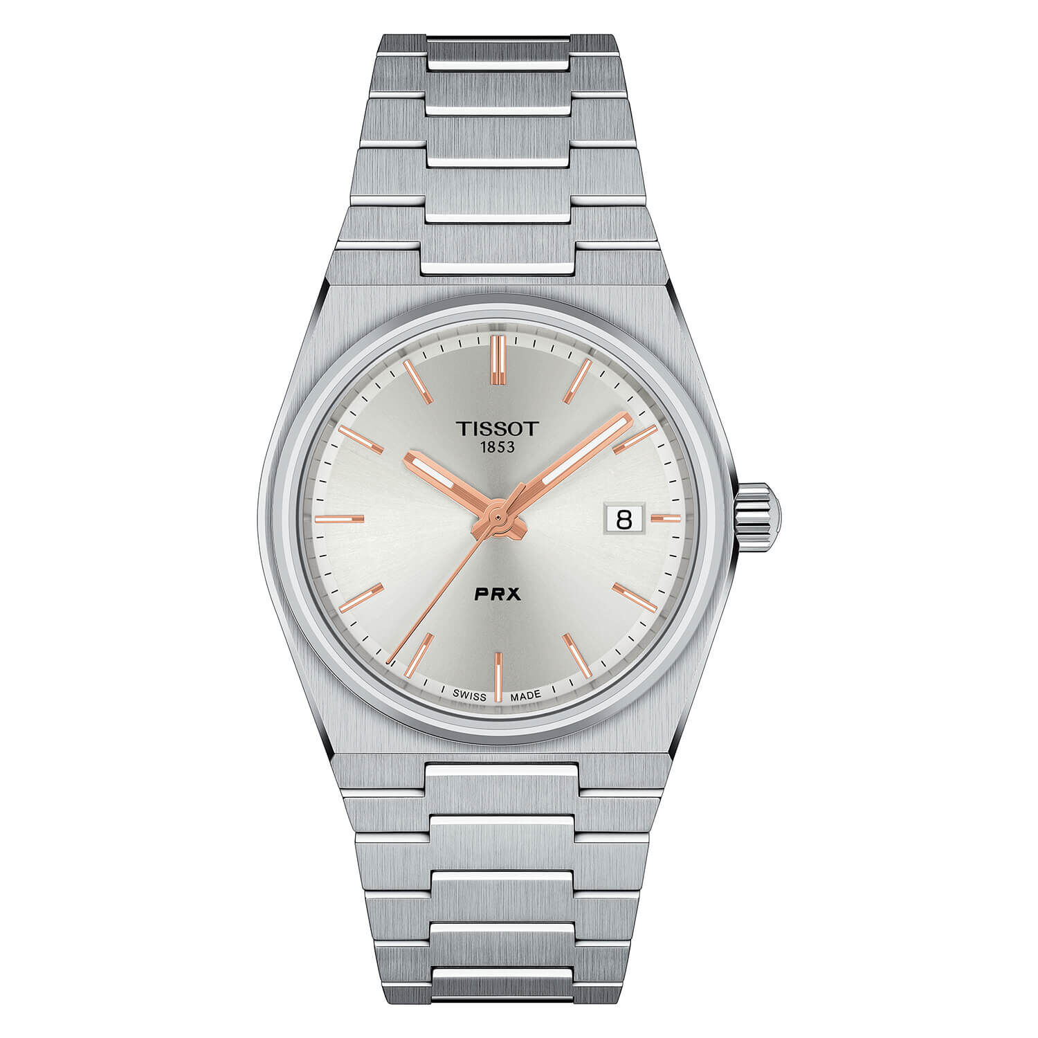 Tissot PRX 35mm Silver Dial Rose Gold Bezel Bracelet Watch at Fraser Hart
