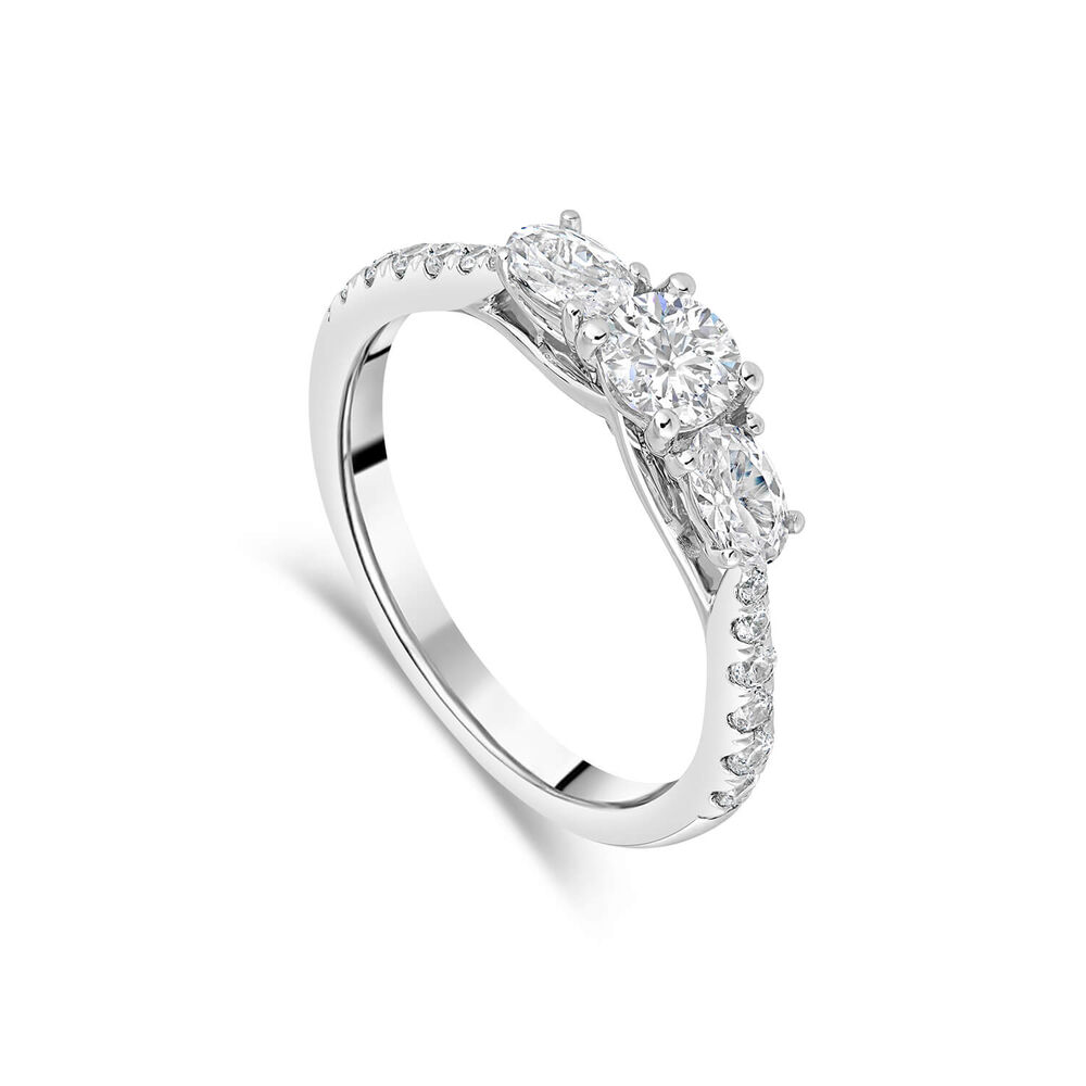 18ct White Gold Orchid Setting Three Stone 1ct Round Diamond Oval Sides Ring image number 0