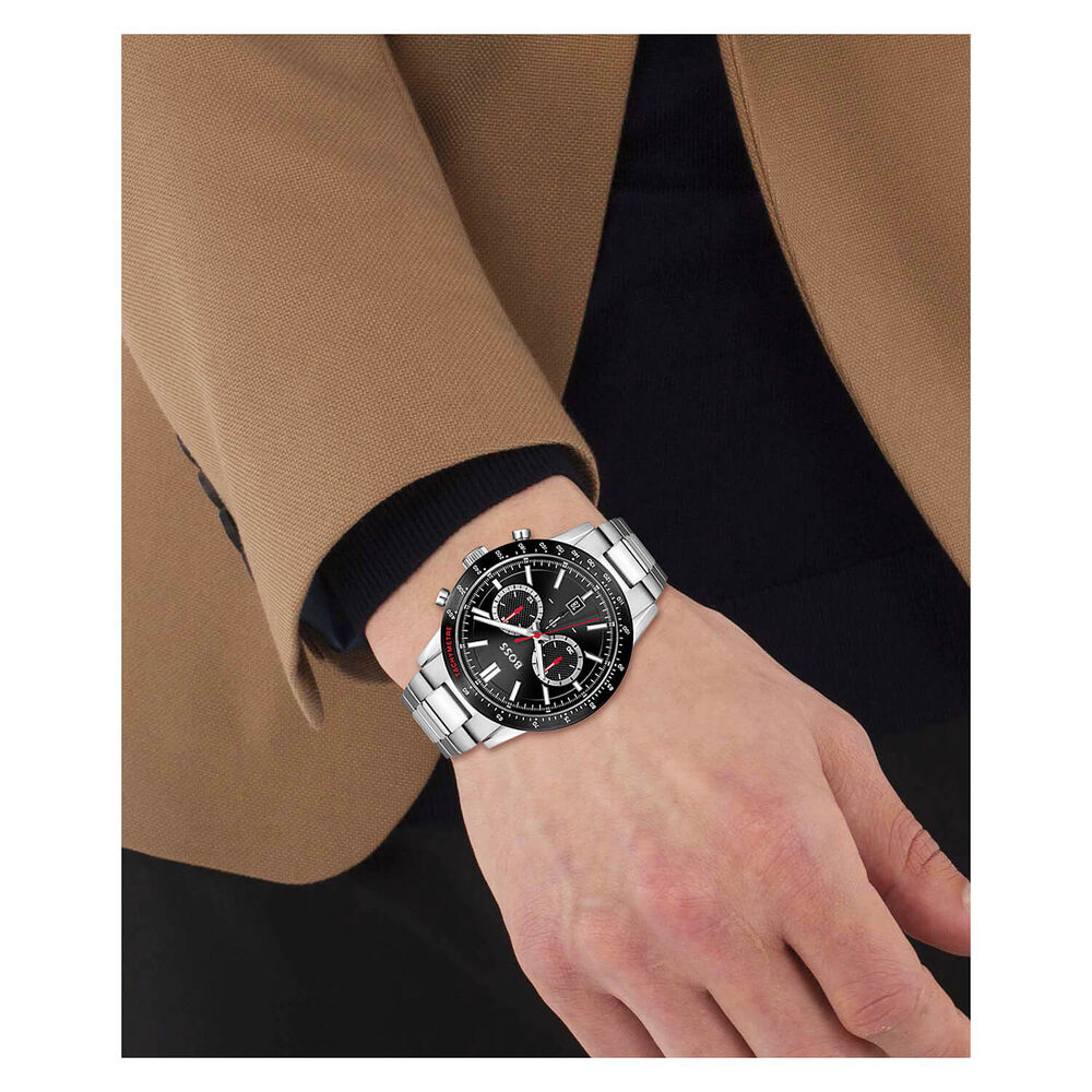 Hugo Boss Allure Chronograph 44mm Quartz Black Dial Red Detail Steel Case Bracelet Watch image number 2