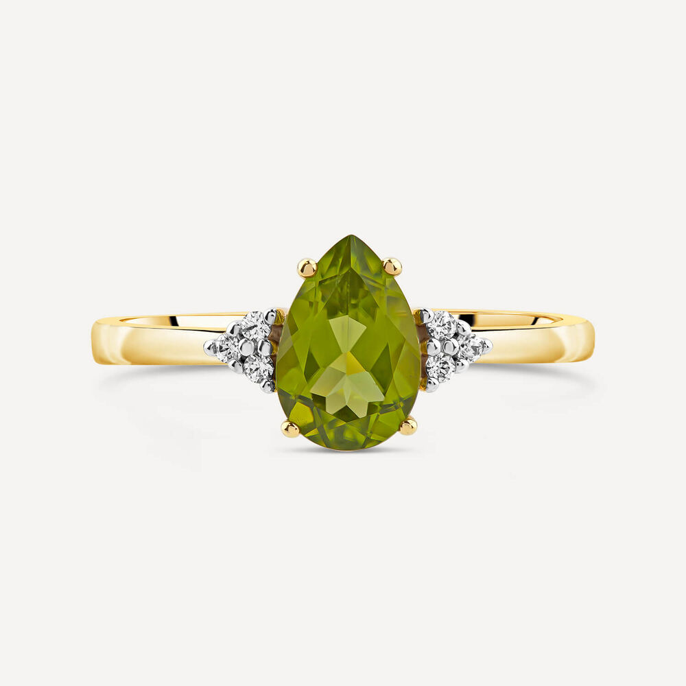 9ct Yellow Gold Pear Peridot & Trefoil 0.05ct Diamond Ring image number 1