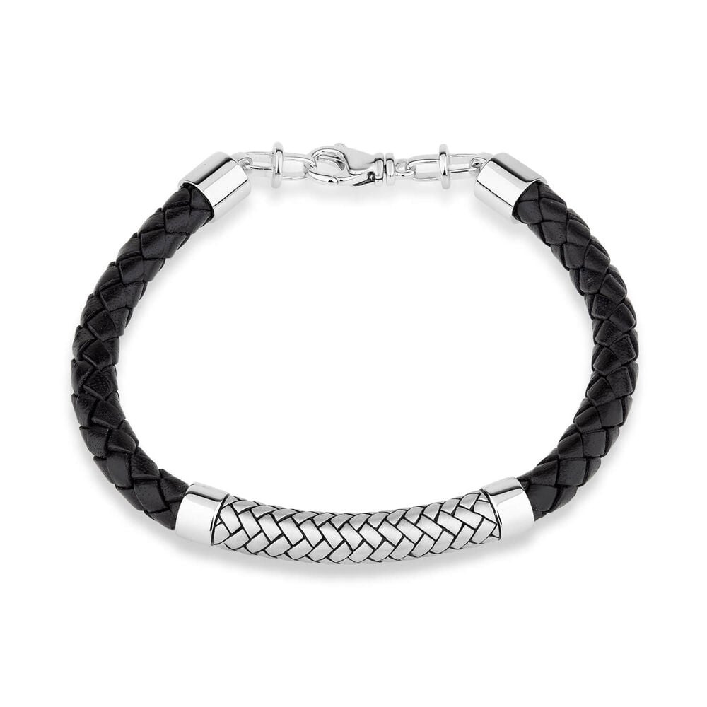 Gents Sterling Silver & Black Plaited Leather Bracelet image number 0
