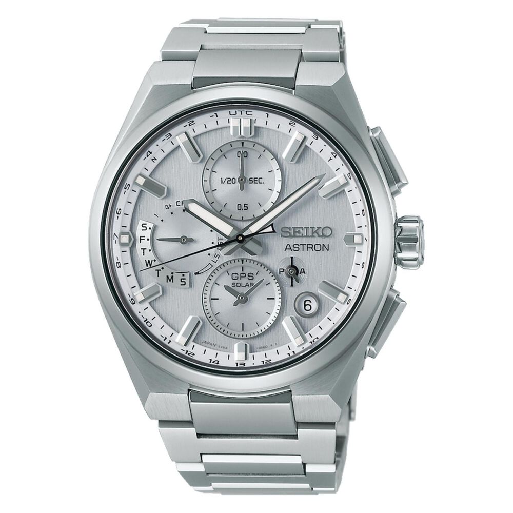 Seiko Astron GPS Solar 5X Dual-Time Chronograph 42mm Silvery White Dial Titanium Bracelet Watch