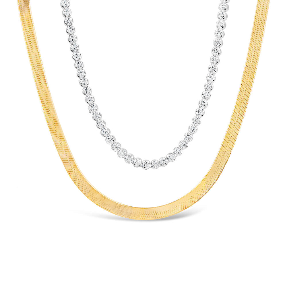 Sterling Silver & Yellow Gold Plated Double Herringbone Cubic Zirconia Tennis Necklet