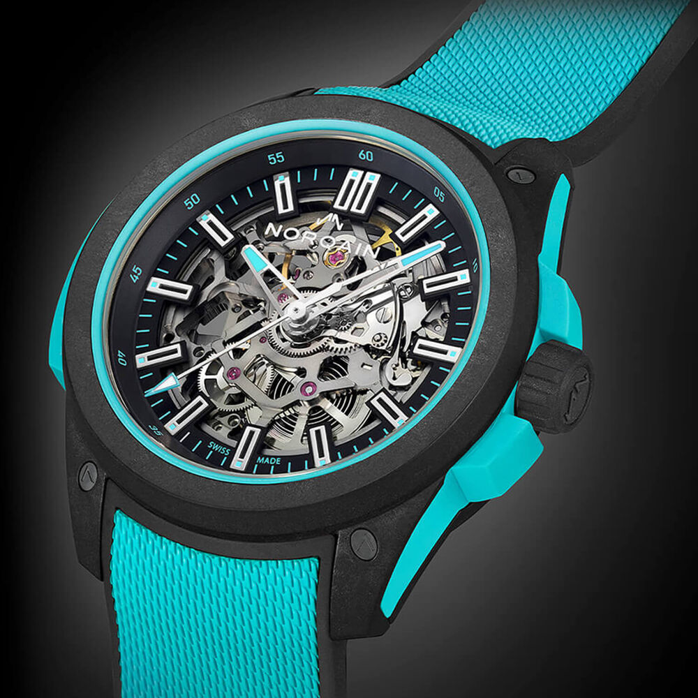 NORQAIN Wild ONE Skeleton 42mm Dial Turquoise Rubber Strap Watch image number 2