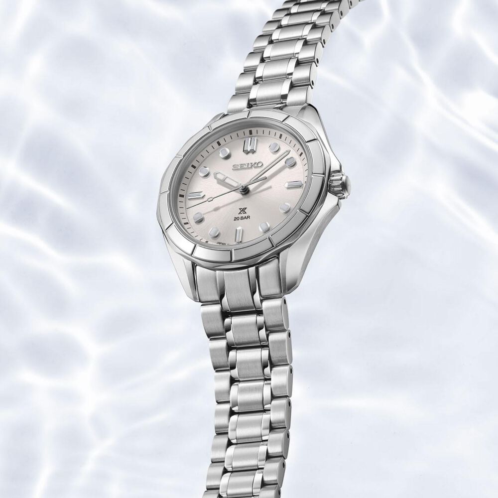Seiko Prospex Ladies Marine Sports Silvery Sands 34mm Dial Steel Bracelet Watch image number 2