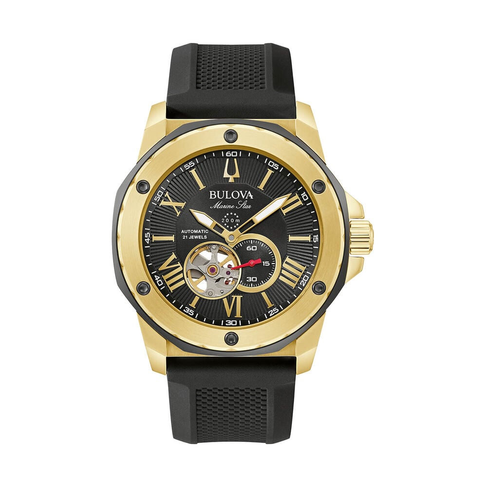 Bulova Marine Star Series A Automatic 45mm Blue Dial Yellow Gold Tone Case Silicone Strap Watch image number 0