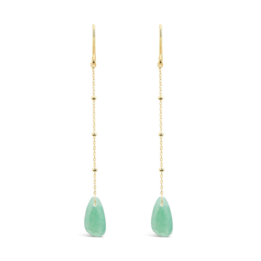 9ct Yellow Gold Bead Chain Aventurine Verde Green Pebble Drop Earrings image number 0
