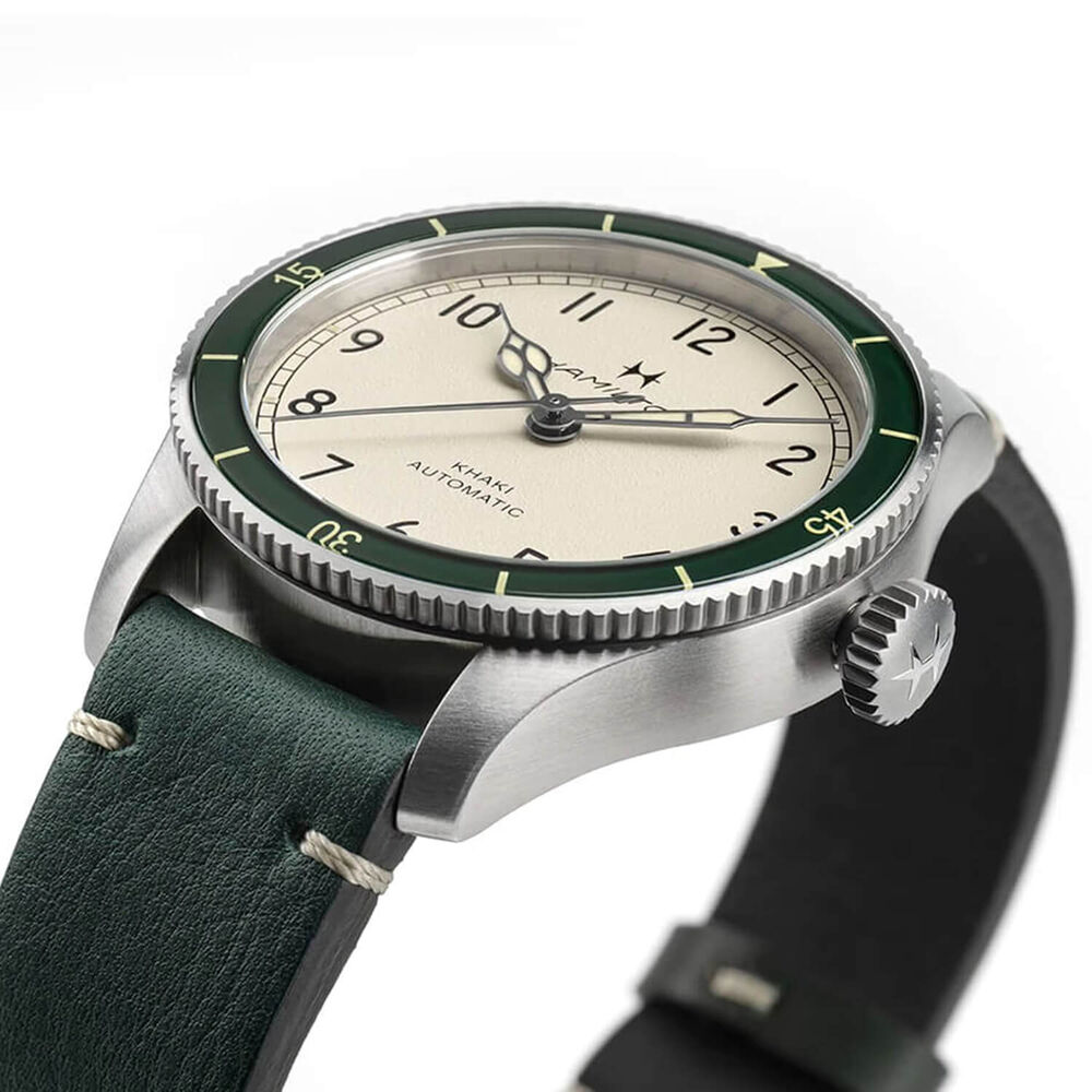 Khaki Aviation Pilot Pioneer 38mm White Dial Green Leather Strap Watch image number 3