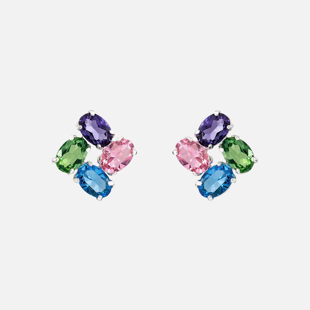 Sterling Silver 4 Multi Colour Oval Cubic Zirconia Stud Earrings