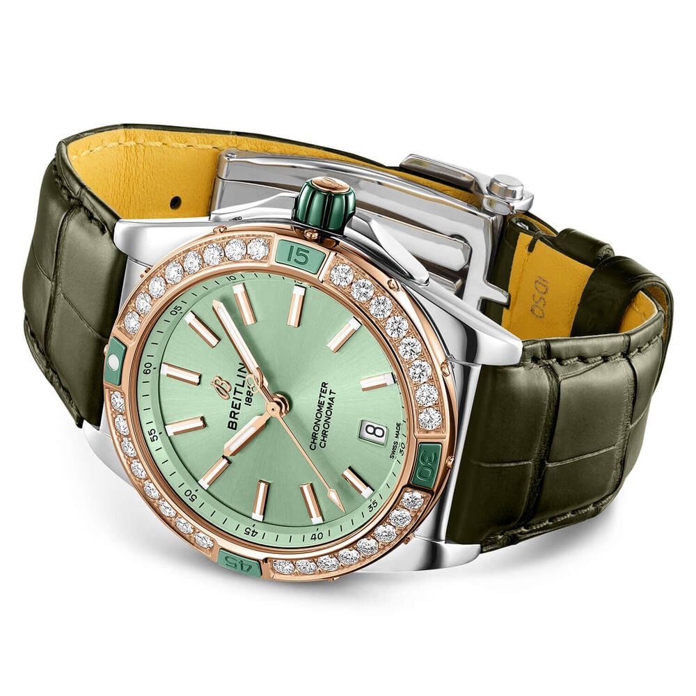 Breitling Super Chronomat Automatic 38 Green Dial Leather Strap Watch image number 2