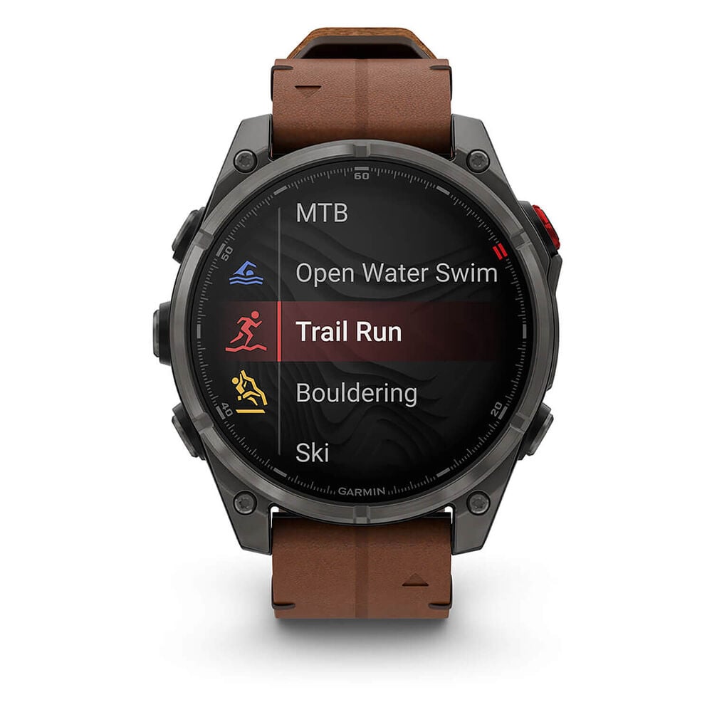Garmin fenix 8 Pro AMOLED 47mm Carbon Grey DLC Titanium Case Brown Leather Strap Watch