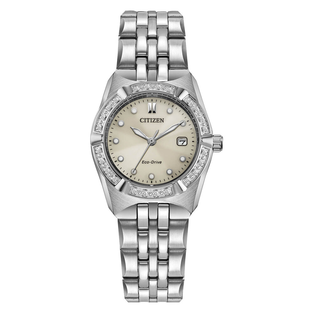 Citizen Eco-Drive Corso 28mm Champagne Dial Diamond Bezel Steel Bracelet Watch