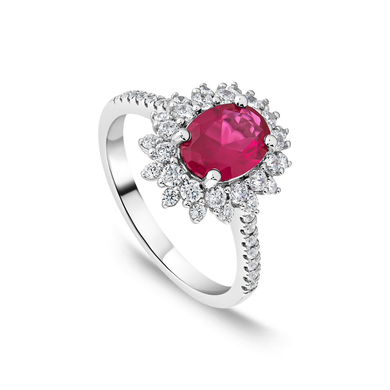 Platinum Oval Synthetic Ruby Centre 0.60ct Diamond Double Halo Shoulders Ring