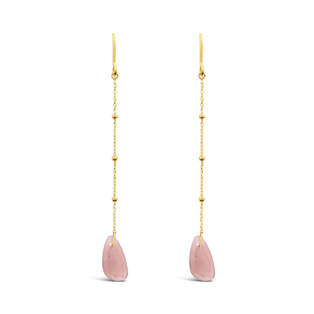 9ct Yellow Gold Bead Chain Peach Chalcedony Pebble Drop Earrings image number 0