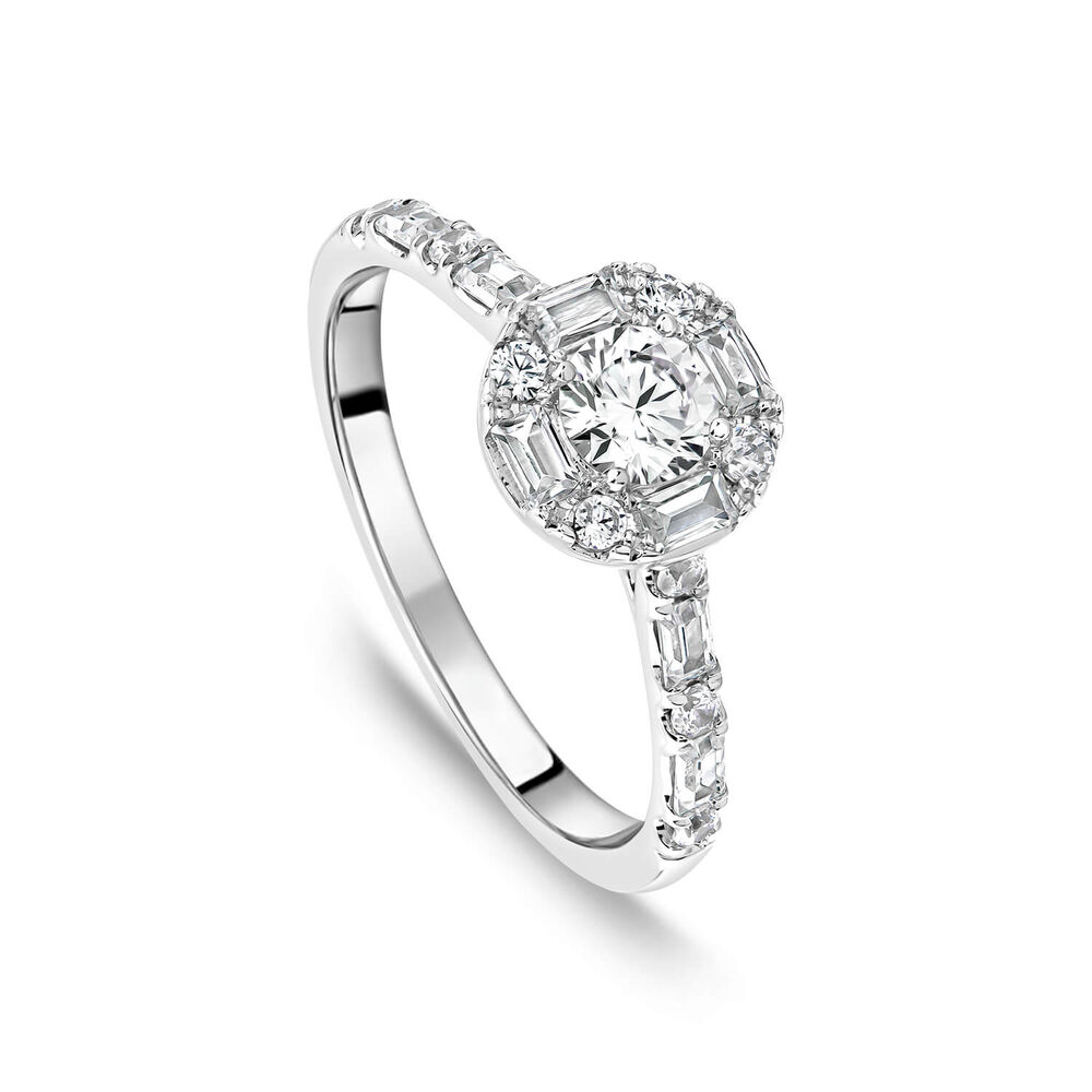 Platinum 0.75ct Diamond Round Centre Baguette Halo & Shoulders Ring image number 0