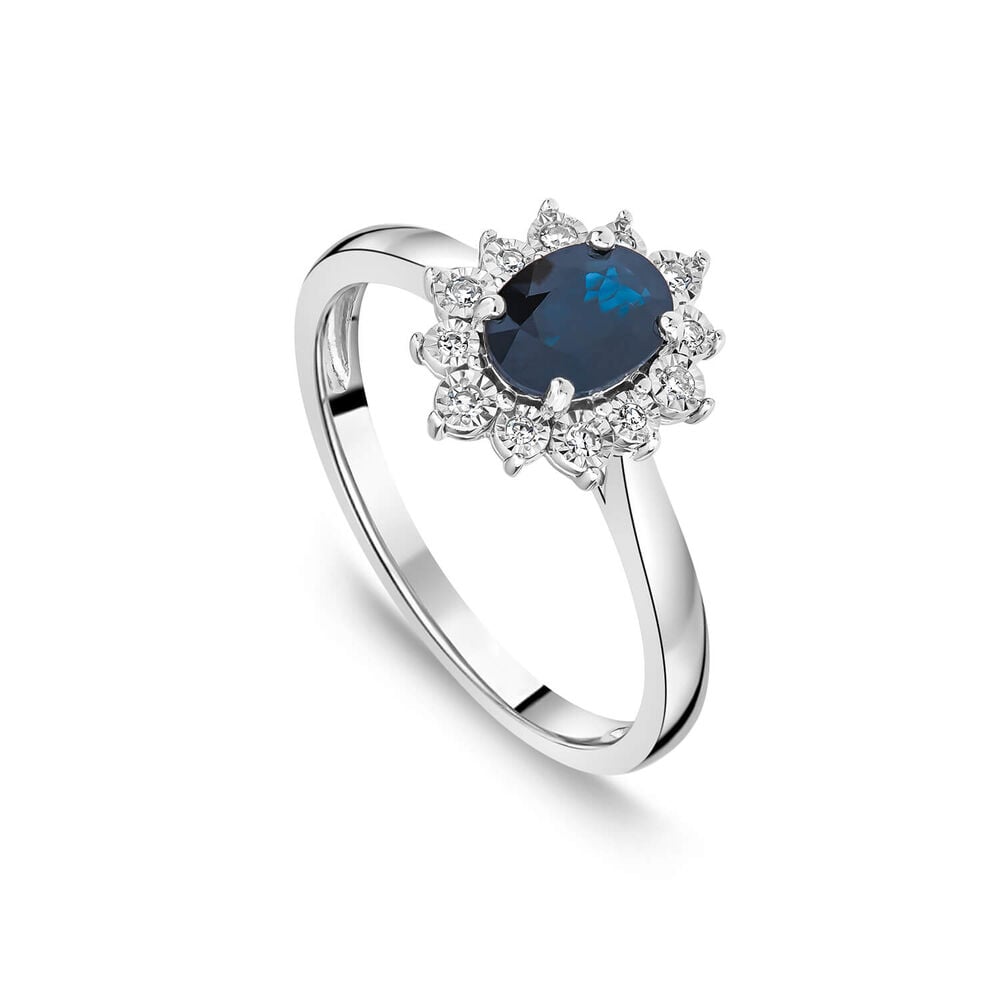 9ct White Gold Oval Sapphire Diamond Cluster Ring image number 0