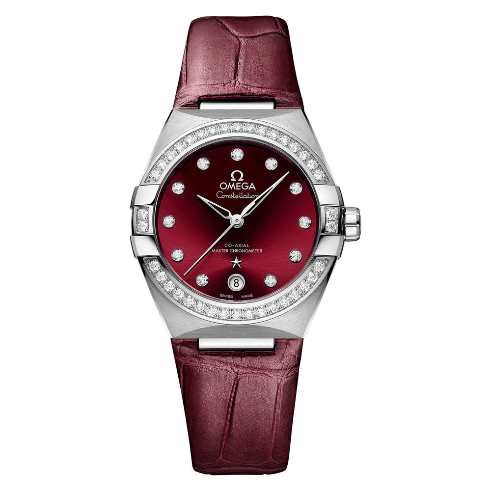 OMEGA Constellation 36mm Burgundy Dial Diamond Set Bezel Red Strap Watch image number 0