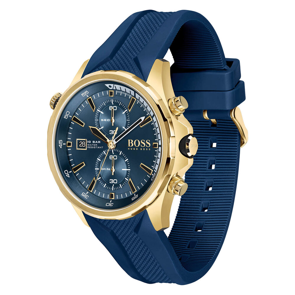 BOSS Globetrotter 46mm Blue Yellow Gold IP Case Blue Rubber Watch