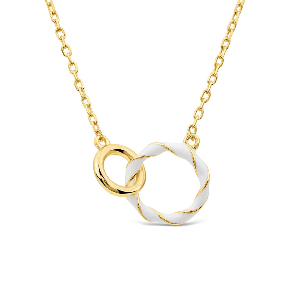 Silver & Yellow Gold Plated Double Circle White Enamel Necklet image number 0